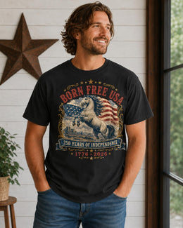 Born Free USA Horse Shirt, 1776 2026 Tee, Patriotic Western Comfort Colors T-Shirt, 250 Years Gift