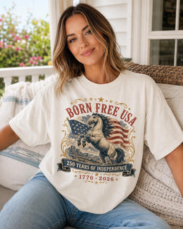 Born Free USA Horse Shirt, 1776 2026 Tee, Patriotic Western Comfort Colors T-Shirt, 250 Years Gift