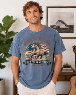 Stars Stripes Spirit Horse Shirt, USA 250 Years Pride Tee, Patriotic Western Comfort Colors Shirt, 1776 Gift