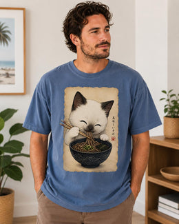 Cute Noodle Cat Shirt, White Cat Soba Tee, Japanese Food Shirt, Cat Lover Gift, Anime Cat Comfort Colors T-Shirt