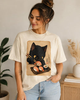 Black Cat Sushi Shirt, Shrimp Sushi Cat Tee, Japanese Food Shirt, Cat Lover Gift, Anime Cat Comfort Colors T-Shirt