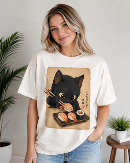Black Cat Sushi Shirt, Shrimp Sushi Cat Tee, Japanese Food Shirt, Cat Lover Gift, Anime Cat Comfort Colors T-Shirt