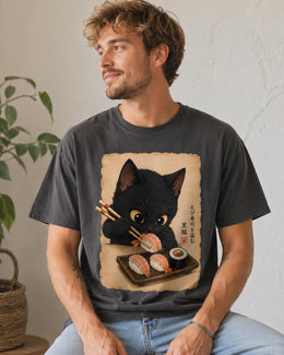 Black Cat Sushi Shirt, Shrimp Sushi Cat Tee, Japanese Food Shirt, Cat Lover Gift, Anime Cat Comfort Colors T-Shirt