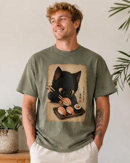Black Cat Sushi Shirt, Shrimp Sushi Cat Tee, Japanese Food Shirt, Cat Lover Gift, Anime Cat Comfort Colors T-Shirt