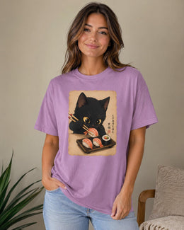 Black Cat Sushi Shirt, Shrimp Sushi Cat Tee, Japanese Food Shirt, Cat Lover Gift, Anime Cat Comfort Colors T-Shirt