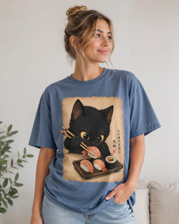 Black Cat Sushi Shirt, Shrimp Sushi Cat Tee, Japanese Food Shirt, Cat Lover Gift, Anime Cat Comfort Colors T-Shirt