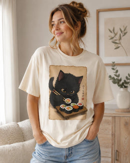 Black Cat Sushi Shirt, Cute Sushi Cat Tee, Japanese Food Shirt, Cat Lover Gift, Anime Cat Comfort Colors T-Shirt