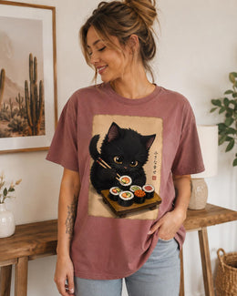Black Cat Sushi Shirt, Cute Sushi Cat Tee, Japanese Food Shirt, Cat Lover Gift, Anime Cat Comfort Colors T-Shirt
