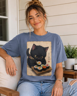 Black Cat Sushi Shirt, Cute Sushi Cat Tee, Japanese Food Shirt, Cat Lover Gift, Anime Cat Comfort Colors T-Shirt