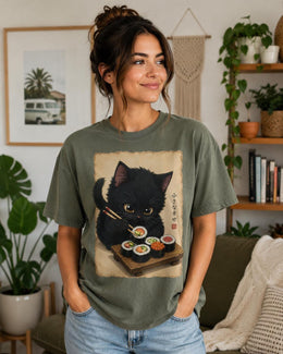 Black Cat Sushi Shirt, Cute Sushi Cat Tee, Japanese Food Shirt, Cat Lover Gift, Anime Cat Comfort Colors T-Shirt