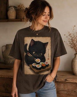 Black Cat Sushi Shirt, Cute Sushi Cat Tee, Japanese Food Shirt, Cat Lover Gift, Anime Cat Comfort Colors T-Shirt