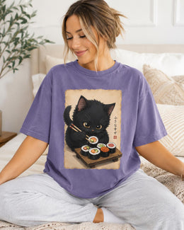 Black Cat Sushi Shirt, Cute Sushi Cat Tee, Japanese Food Shirt, Cat Lover Gift, Anime Cat Comfort Colors T-Shirt