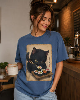 Black Cat Sushi Shirt, Cute Sushi Cat Tee, Japanese Food Shirt, Cat Lover Gift, Anime Cat Comfort Colors T-Shirt