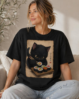 Black Cat Sushi Shirt, Cute Sushi Cat Tee, Japanese Food Shirt, Cat Lover Gift, Anime Cat Comfort Colors T-Shirt