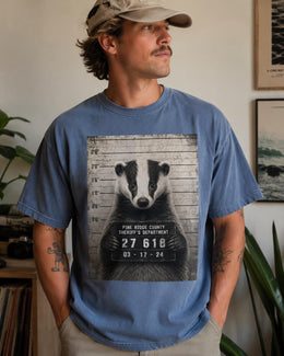 Badger Mugshot Shirt, Funny Badger Shirt, Sarcastic Animal Tee, Wildlife Lover Comfort Colors T-Shirt