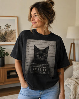 Black Cat Mugshot Shirt, Funny Cat Shirt, Sarcastic Animal Tee, Cat Lover Comfort Colors T-Shirt