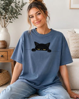 Sleepy Black Cat Shirt, Peeking Cat Tee, Funny Cat Lover Gift, Cute Minimal Comfort Colors T-Shirt