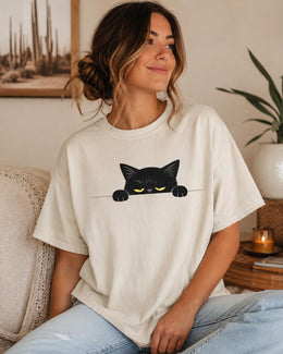 Sleepy Black Cat Shirt, Peeking Cat Tee, Funny Cat Lover Gift, Cute Minimal Comfort Colors T-Shirt
