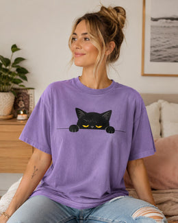 Sleepy Black Cat Shirt, Peeking Cat Tee, Funny Cat Lover Gift, Cute Minimal Comfort Colors T-Shirt