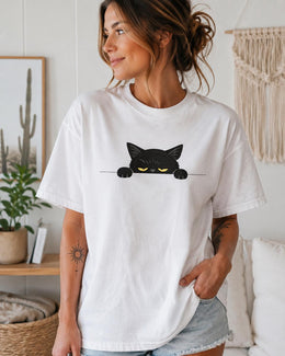 Sleepy Black Cat Shirt, Peeking Cat Tee, Funny Cat Lover Gift, Cute Minimal Comfort Colors T-Shirt