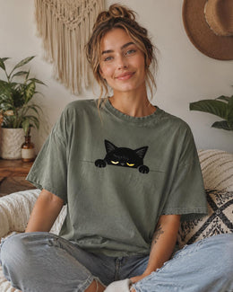 Sleepy Black Cat Shirt, Peeking Cat Tee, Funny Cat Lover Gift, Cute Minimal Comfort Colors T-Shirt