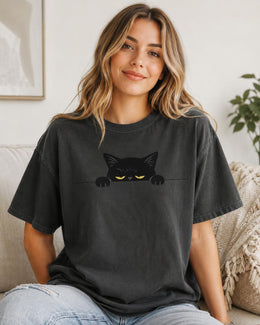 Sleepy Black Cat Shirt, Peeking Cat Tee, Funny Cat Lover Gift, Cute Minimal Comfort Colors T-Shirt