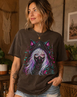 Cyber Cat Girl Shirt, Anime Gamer Girl Tee, Neon Cyberpunk Comfort Colors T-Shirt, Kawaii Techwear Gift