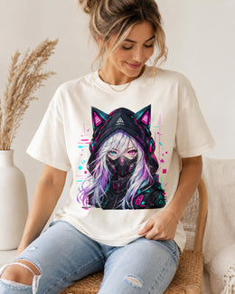 Cyber Cat Girl Shirt, Anime Gamer Girl Tee, Neon Cyberpunk Comfort Colors T-Shirt, Kawaii Techwear Gift