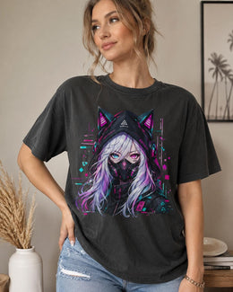 Cyber Cat Girl Shirt, Anime Gamer Girl Tee, Neon Cyberpunk Comfort Colors T-Shirt, Kawaii Techwear Gift