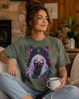Cyber Cat Girl Shirt, Anime Gamer Girl Tee, Neon Cyberpunk Comfort Colors T-Shirt, Kawaii Techwear Gift