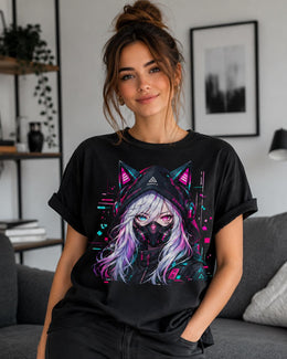 Cyber Cat Girl Shirt, Anime Gamer Girl Tee, Neon Cyberpunk Comfort Colors T-Shirt, Kawaii Techwear Gift