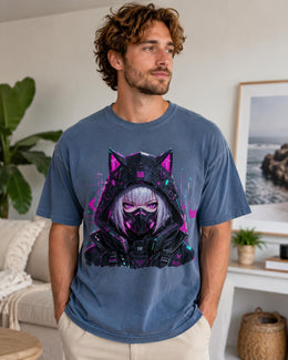 Cyber Cat Girl Shirt, Neon Anime Girl Tee, Cyberpunk Gamer Comfort Colors T-Shirt, Kawaii Techwear Gift
