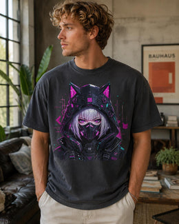 Cyber Cat Girl Shirt, Neon Anime Girl Tee, Cyberpunk Gamer Comfort Colors T-Shirt, Kawaii Techwear Gift