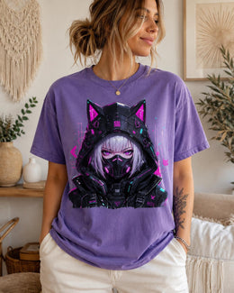 Cyber Cat Girl Shirt, Neon Anime Girl Tee, Cyberpunk Gamer Comfort Colors T-Shirt, Kawaii Techwear Gift