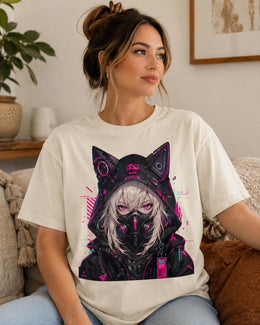 Cyber Cat Girl Shirt, Neon Anime Girl Tee, Cyberpunk Gamer Comfort Colors T-Shirt, Kawaii Techwear Gift