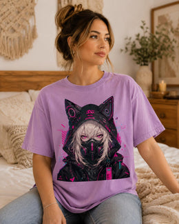 Cyber Cat Girl Shirt, Neon Anime Girl Tee, Cyberpunk Gamer Comfort Colors T-Shirt, Kawaii Techwear Gift
