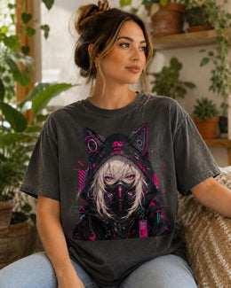 Cyber Cat Girl Shirt, Neon Anime Girl Tee, Cyberpunk Gamer Comfort Colors T-Shirt, Kawaii Techwear Gift