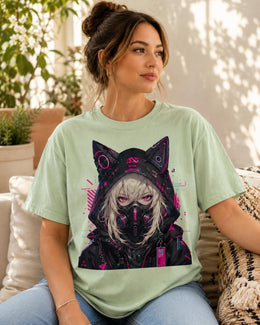 Cyber Cat Girl Shirt, Neon Anime Girl Tee, Cyberpunk Gamer Comfort Colors T-Shirt, Kawaii Techwear Gift