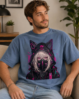 Cyber Cat Girl Shirt, Neon Anime Girl Tee, Cyberpunk Gamer Comfort Colors T-Shirt, Kawaii Techwear Gift
