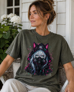 Cyber Cat Girl Shirt, Neon Anime Gamer Tee, Cyberpunk Techwear Comfort Colors T-Shirt, Kawaii Cat Girl Gift