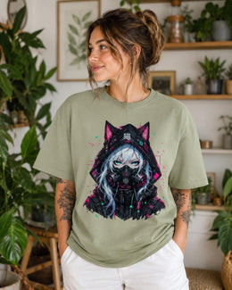 Cyber Cat Girl Shirt, Neon Anime Gamer Tee, Cyberpunk Techwear Comfort Colors T-Shirt, Kawaii Cat Girl Gift