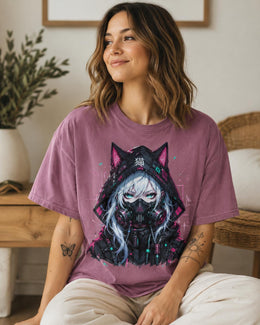Cyber Cat Girl Shirt, Neon Anime Gamer Tee, Cyberpunk Techwear Comfort Colors T-Shirt, Kawaii Cat Girl Gift