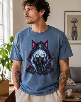 Cyber Cat Girl Shirt, Neon Anime Gamer Tee, Cyberpunk Techwear Comfort Colors T-Shirt, Kawaii Cat Girl Gift