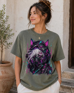Cyber Cat Girl Shirt, Neon Anime Gamer Tee, Cyberpunk Techwear Comfort Colors T-Shirt, Kawaii Cat Girl Gift