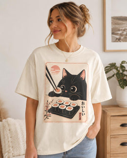 Black Cat Sushi Shirt, Cute Sushi Cat Tee, Japanese Food Shirt, Cat Lover Gift, Kawaii Comfort Colors T-Shirt