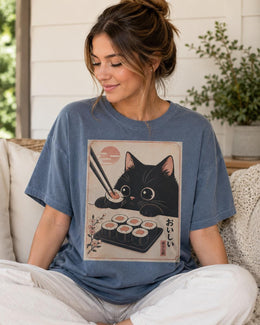 Black Cat Sushi Shirt, Cute Sushi Cat Tee, Japanese Food Shirt, Cat Lover Gift, Kawaii Comfort Colors T-Shirt