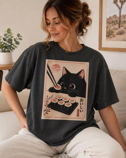 Black Cat Sushi Shirt, Cute Sushi Cat Tee, Japanese Food Shirt, Cat Lover Gift, Kawaii Comfort Colors T-Shirt