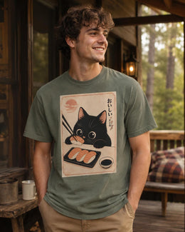 Black Cat Sushi Shirt, Cute Salmon Sushi Cat Tee, Japanese Food Shirt, Cat Lover Gift, Kawaii Comfort Colors Tee