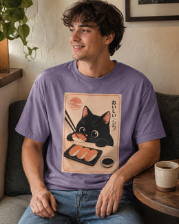 Black Cat Sushi Shirt, Cute Salmon Sushi Cat Tee, Japanese Food Shirt, Cat Lover Gift, Kawaii Comfort Colors Tee
