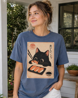 Black Cat Sushi Shirt, Cute Salmon Sushi Cat Tee, Japanese Food Shirt, Cat Lover Gift, Kawaii Comfort Colors Tee